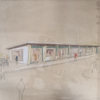 Ivan Bricco. Projet d�am�nagement de Bar-tabac, restaurant, entr�e du Jardin Exotique de Monaco : �l�vation en perspective. 1964. Papier, crayon, aquarelle, 98,5 x 64 cm. Archives du Service des Travaux Communaux.